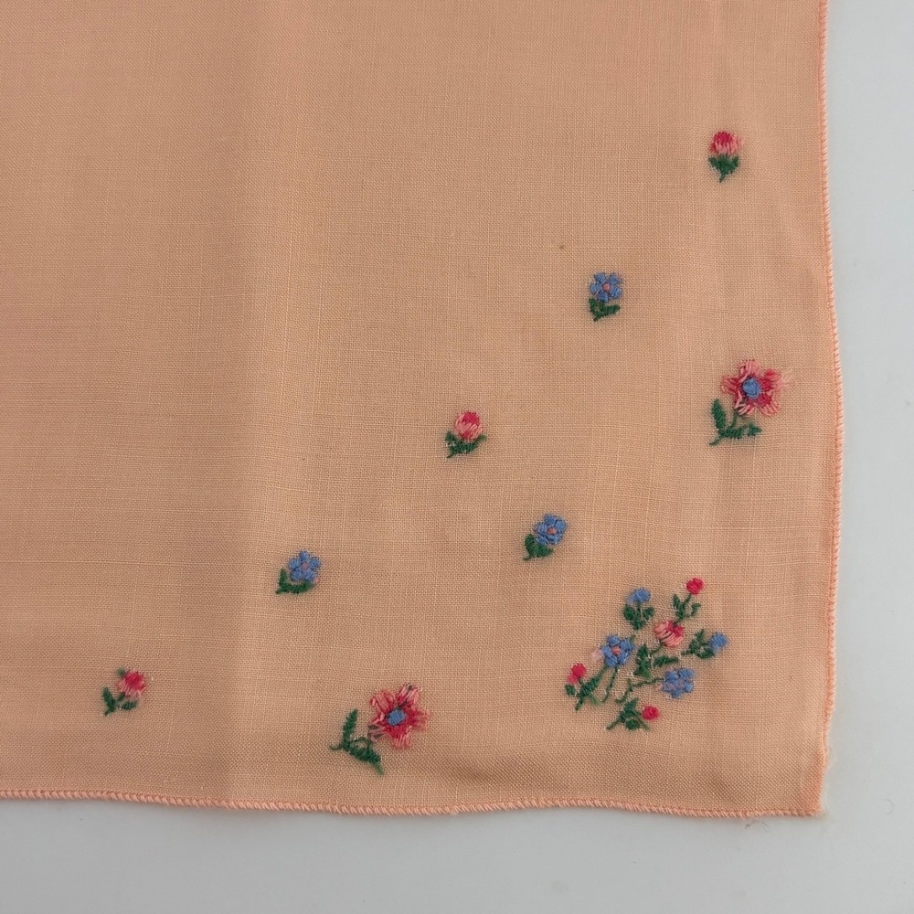 Peach Embroidered Floral Handkerchief Scarf Square Small Hankie